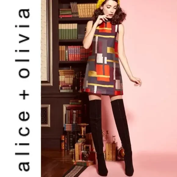 ALICE + OLIVIA Clyde Print Sleeveless A-Line Shift Dress Geometric Womens Size 8 - Picture 3 of 16